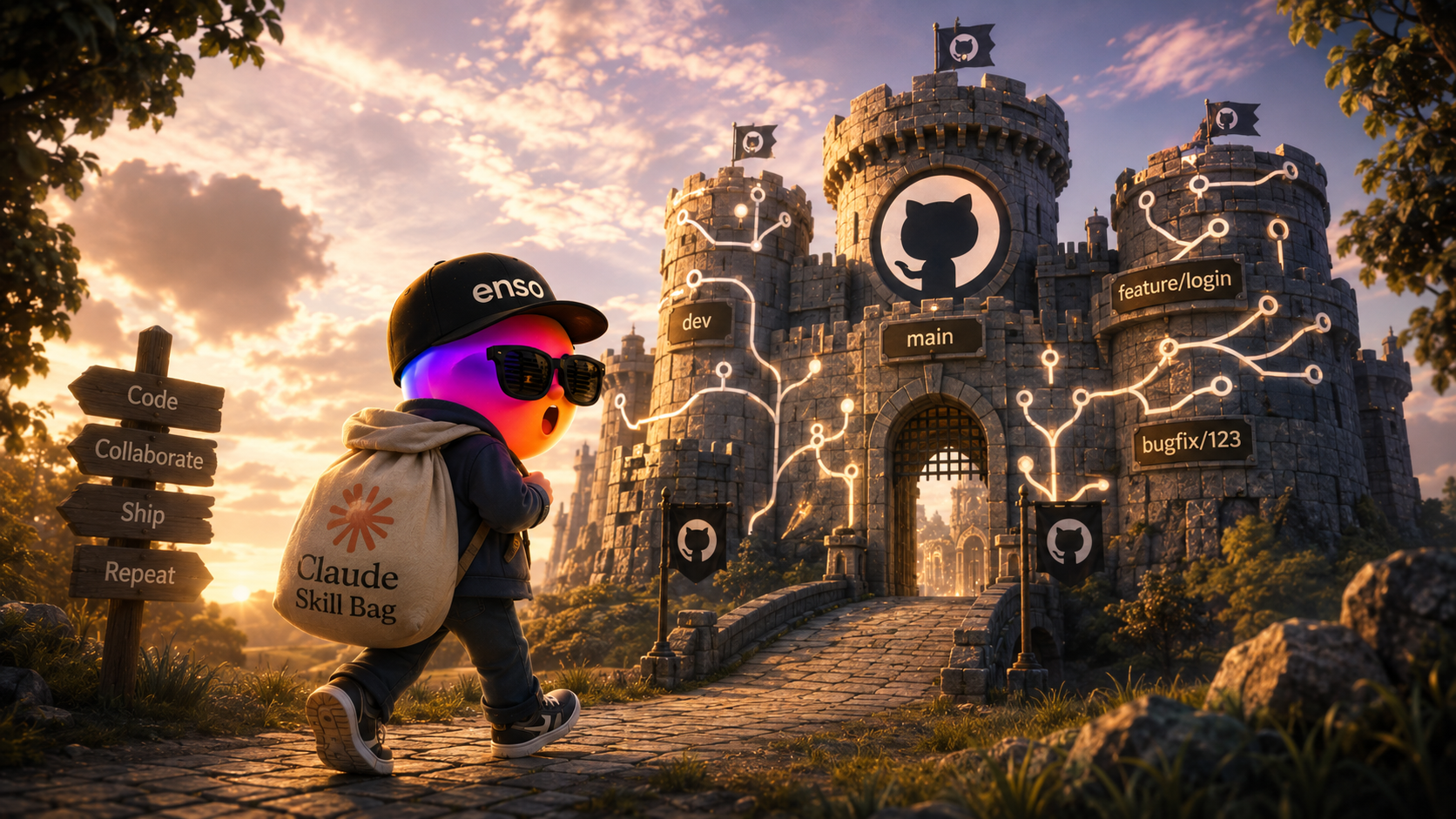 An enso explorer at the wall of a GitHub castle, watching glowing skill files leak out through a crack