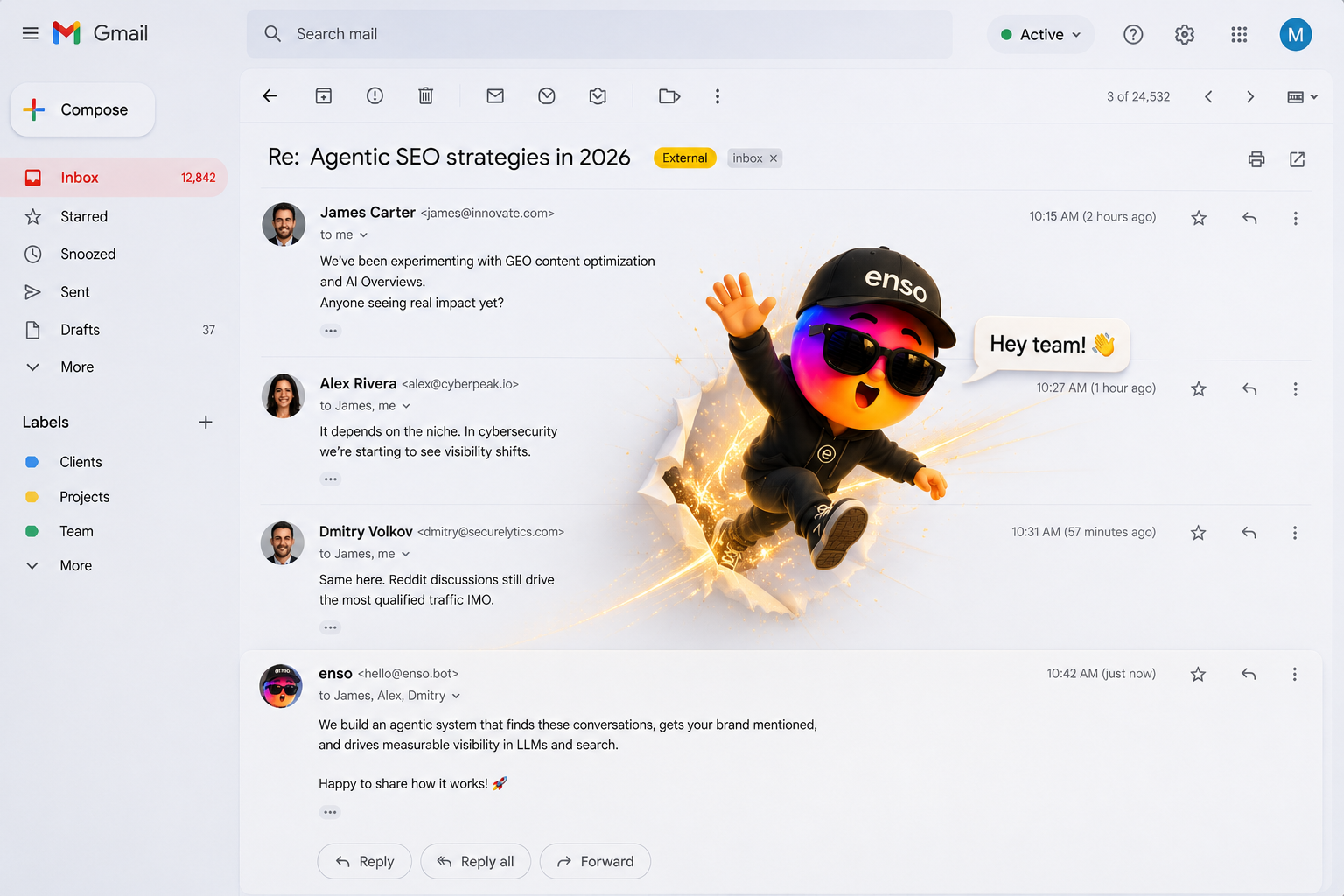 An enso explorer at the wall of an inbox-and-phone castle, watching messages leak out through a glowing crack