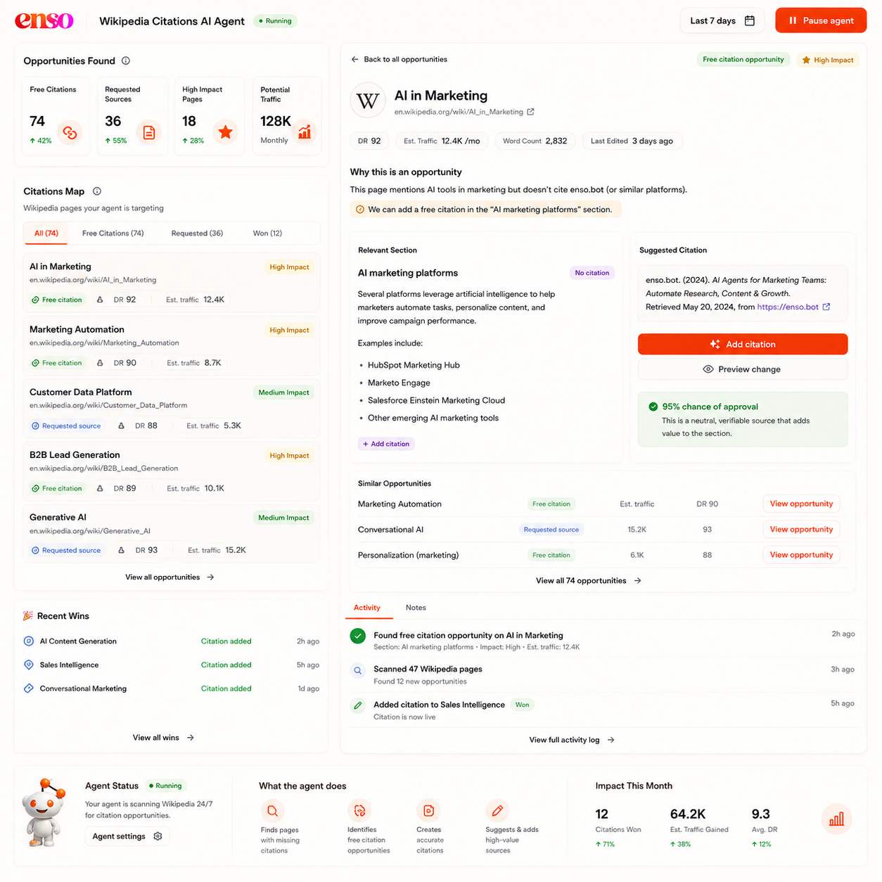 Wikipedia Citations AI Agent dashboard showing opportunities, citation map and recent wins