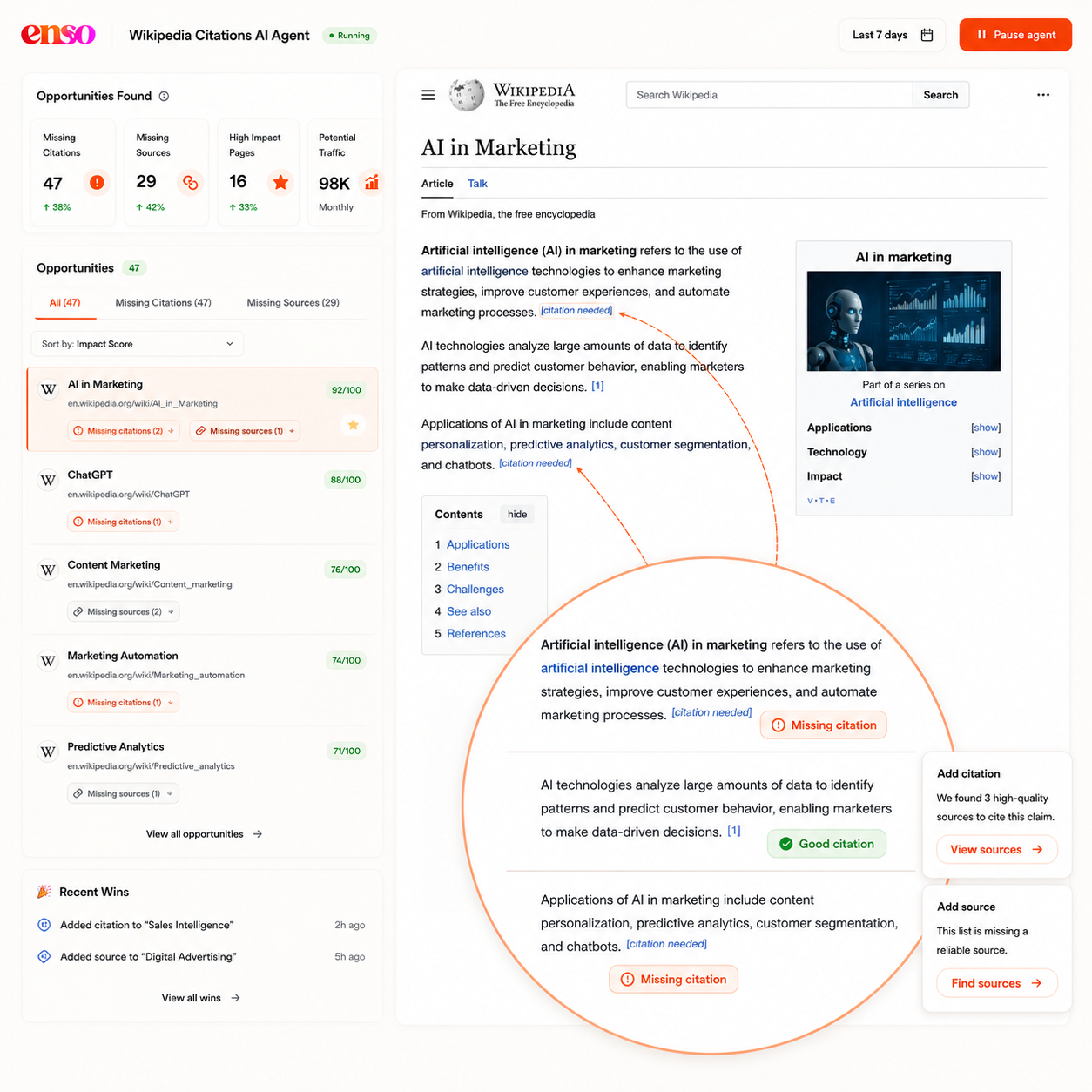 Wikipedia Citations AI Agent finding missing citation opportunities across articles