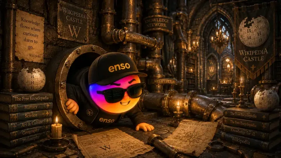 The enso explorer mascot climbing through an open-book portal into Wikipedia's castle