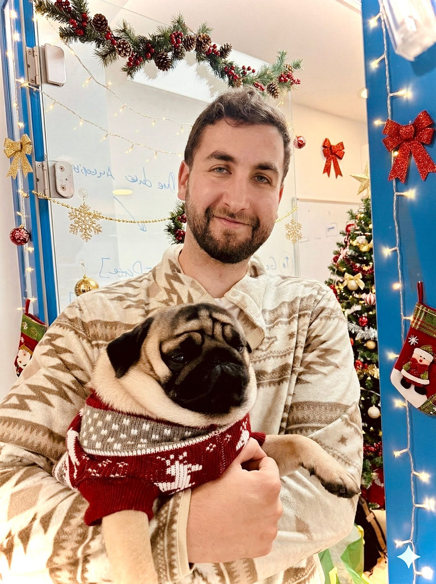 Team member holding a pug in a holiday sweater by the office tree